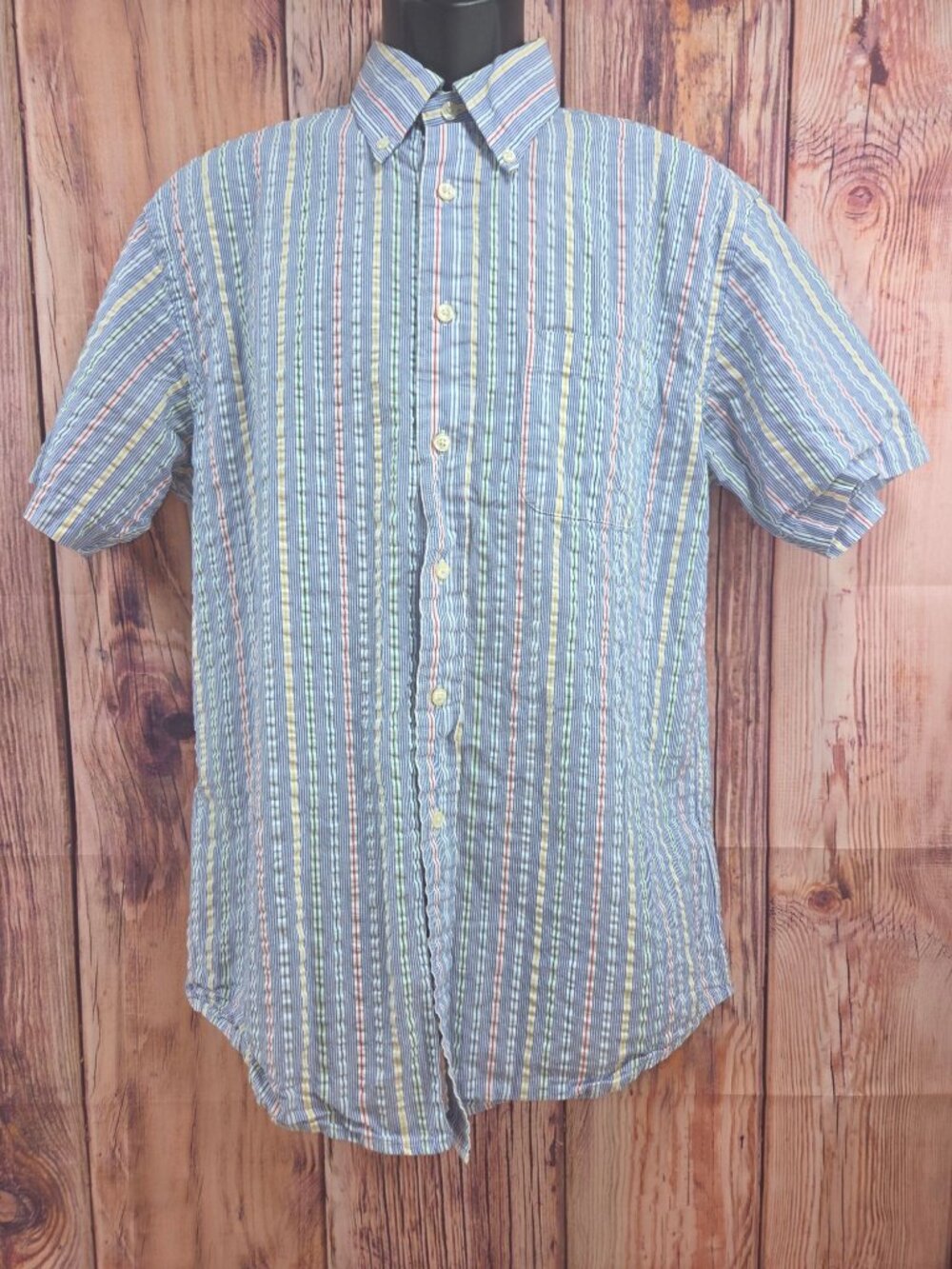 Brooks Brothers Blue Striped Seersucker Short Sleeve Shirt Medium